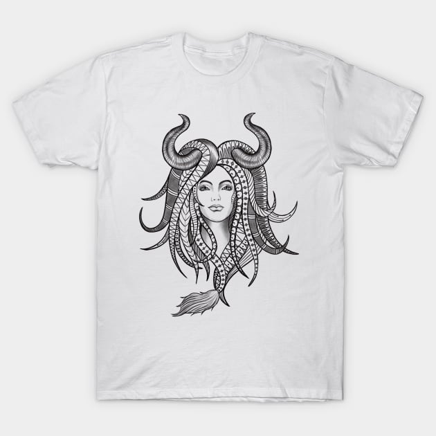 Confident Taurus Woman with Horns and Geometrical Tattoo Design T-Shirt by Tred85